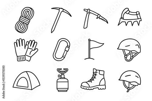 Essential mountaineering equipment icons: ice axe, crampons, tent, helmet, boots
