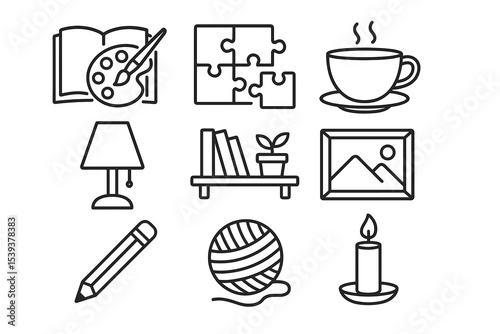 Set of eight minimalist hobby icons: reading, art, puzzle, coffee, lamp, bookshelf, pencil, candle