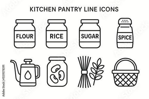 Kitchen pantry line icons: flour, rice, sugar, spice, oil, beans, pasta, basket