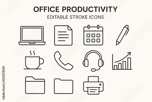 Office productivity icons: laptop, calendar, document, phone, coffee, graph, printer