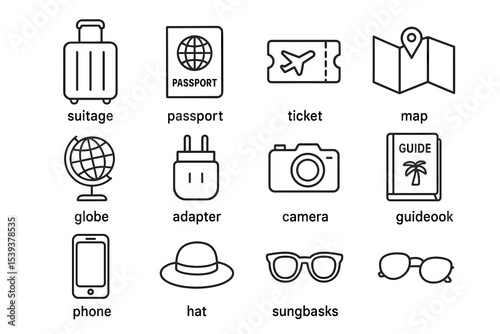 Travel essentials icons: suitcase, passport, map, globe, adapter, camera