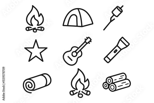 Camping icons: tent, campfire, marshmallow, guitar, star, flashlight, logs, sleeping bag