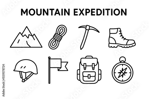 Essential gear for a mountain expedition: tools and icons for outdoor adventure