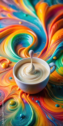 Swirling liquid creamer on a textured abstract background with vibrant colors and organic shapes