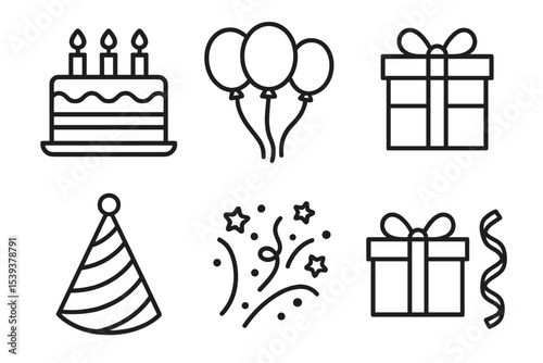 Festive icons: cake, balloons, gift, party hat, confetti, streamer on dark background