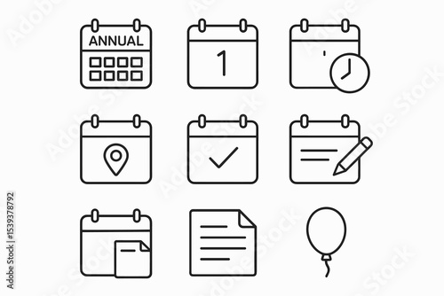Various calendar icon set featuring annual, daily, event, and reminder symbols
