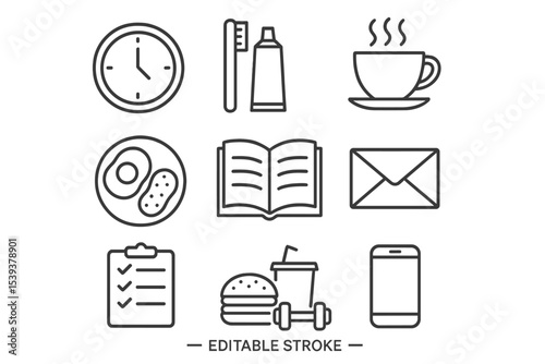 Daily routine icons: clock, toothbrush, coffee, breakfast, book, letter, checklist, burger, phone