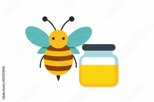 Cute cartoon bee and honey jar illustration