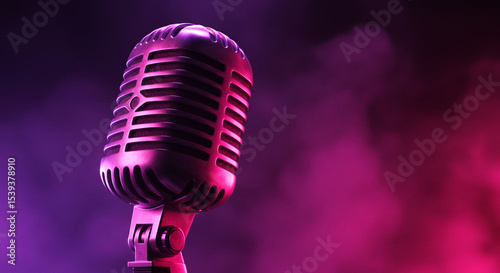 Retro Microphone in Pink and Purple Neon Light Studio Shot