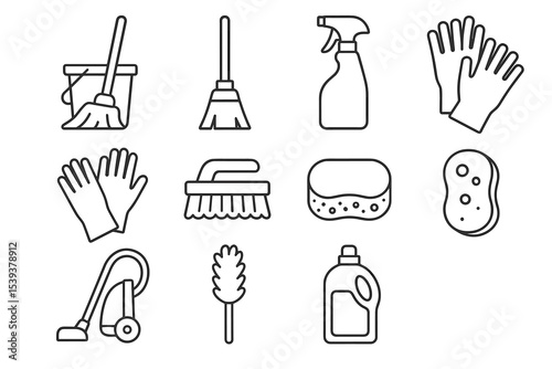 Essential cleaning tools: broom, mop, gloves, vacuum, sponge, brush, spray bottle