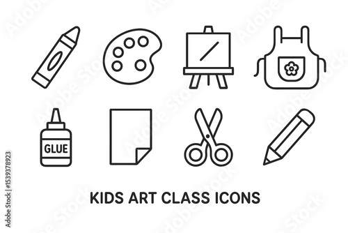 Kids art class icons: crayon, palette, easel, apron, glue, paper, scissors, pencil