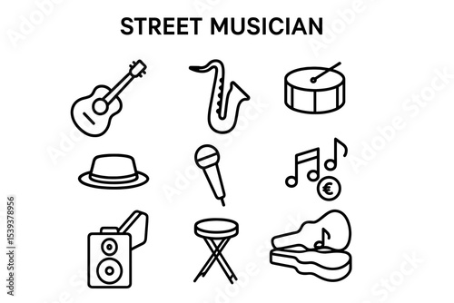 Street musician icons: guitar, saxophone, drums, hat, microphone, notes, speaker, stool, case