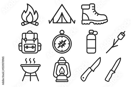 Camping icons set featuring campfire, tent, lantern, and equipment