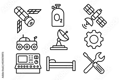 Space exploration icons: satellites, rover, telescope, oxygen tank, tools