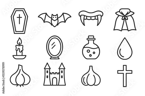 Halloween icons: vampire, castle, garlic, cape, candle, cross, bat, fangs, mirror, potion, droplet