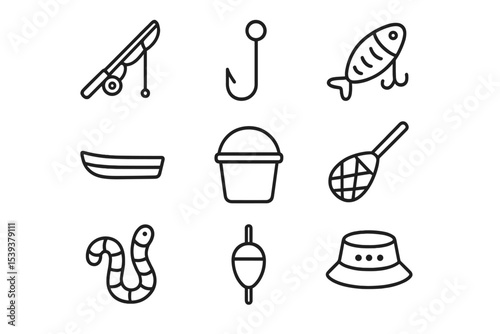 Fishing gear icons: rod, hook, fish, boat, bucket, net, worm, float, hat
