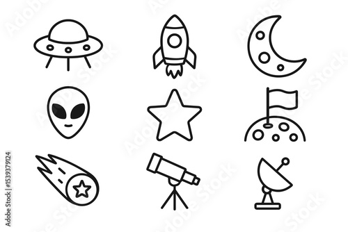 Space exploration icons: rocket, ufo, moon, alien, star, telescope, satellite