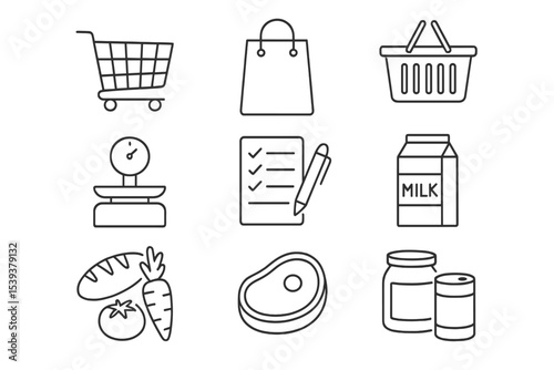 Black and white grocery icons: cart, bag, basket, scale, list, milk, bread, meat, jars