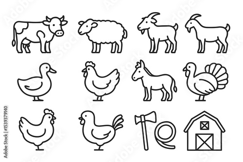 Set of farm animal icons including cow, sheep, goat, duck, chicken, donkey, turkey, axe, rope, barn