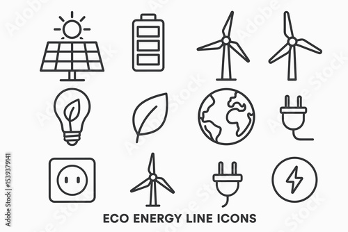 Eco energy icons: solar, wind, battery, light bulb, leaf, globe, plug symbols