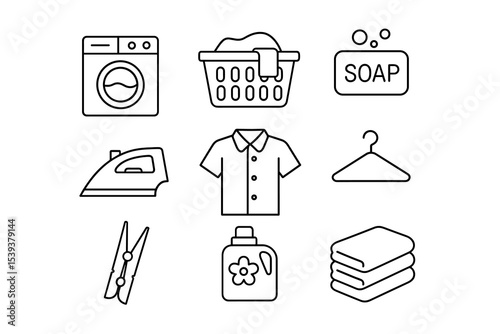 Laundry icon set: washing machine, soap, iron, shirt, hanger, detergent, towels, basket, pegs