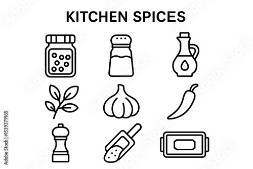 Kitchen spices icons: herbs, containers, pepper, garlic, chili, oil