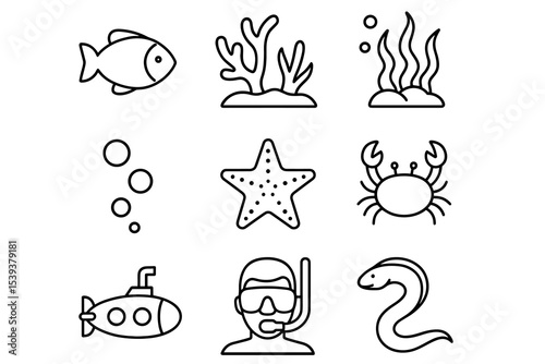 Simple marine life icons featuring fish, coral, submarine, diver, and crab