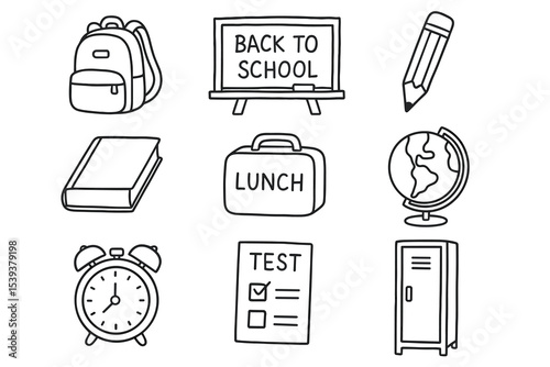Back to school essentials: backpack, pencil, book, lunchbox, globe, clock, test, locker