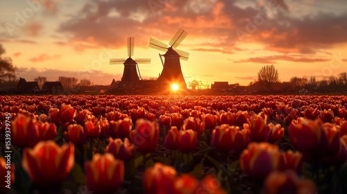 Sunrise over a field of tulips with windmills