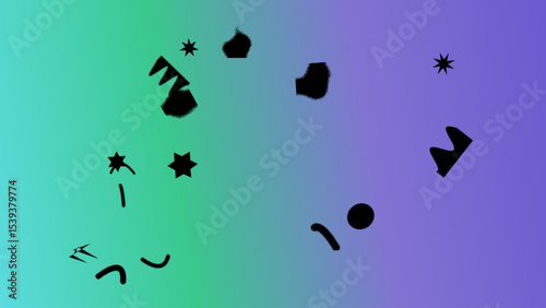Abstract Gradient Background with Scattered Black Geometric Shapes and Stars