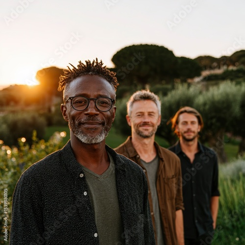 Happy Mature Men Friends Smiling Outdoors  Golden Hour  Friendship  Teamwork