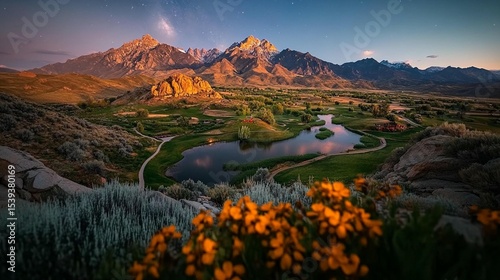 Sunrise over a valley with mountains, a lake, and golf course. Lush green scenery with orange wildflowers