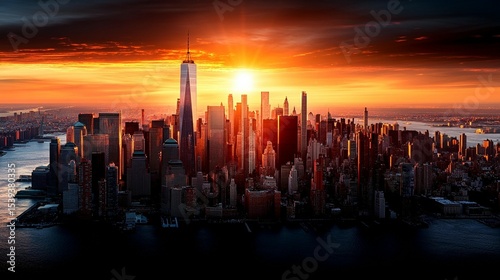 Sunrise over New York City skyline. Dramatic sunrise illuminates skyscrapers
