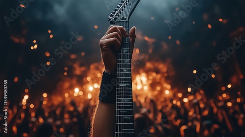 A person is holding a guitar in a concert setting with a crowd of people