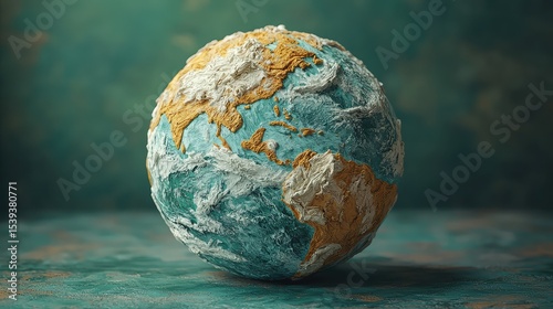 Textured model of the earth on a teal surface.