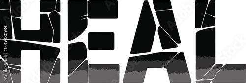 Artistic black and white illustration of the word heal with abstract stone-like design