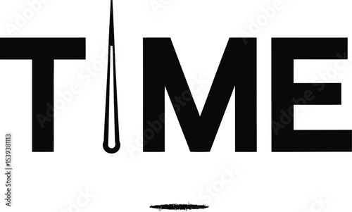 Conceptual monochrome design of the word time featuring a clock hand representing the passage of time