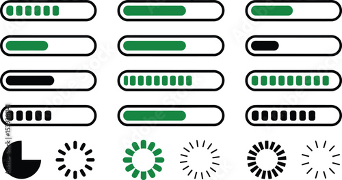 Vector graphic collection of progress bars loading icons and circular progress indicators for design projects