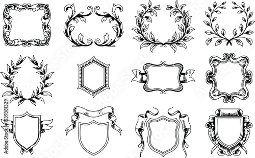 Elegant collection of decorative frames heraldic elements badges laurel wreaths and blank ribbons vector illustration