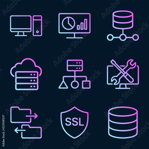 Colorful technology icons arranged neatly. Icon Symbol Illustration
