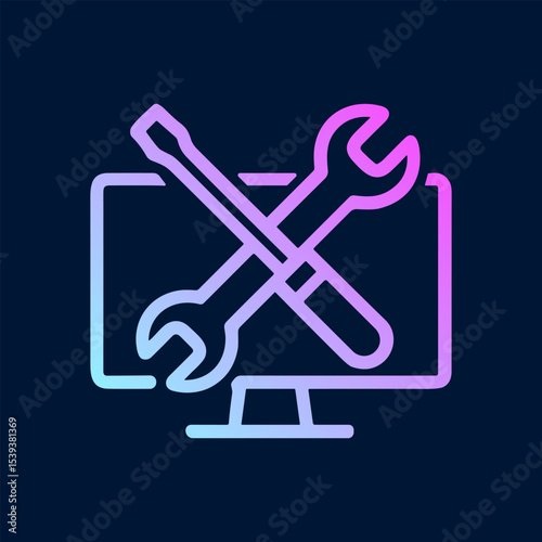 Computer repair tools gleaming on dark background. Icon Symbol Illustration