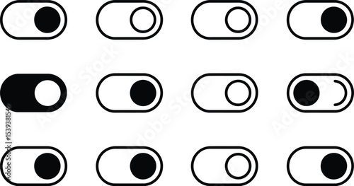 Vector illustration of on off toggle switches demonstrating enabled and disabled states in different positions