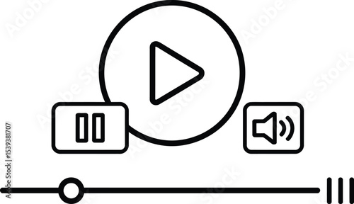 Minimalistic black and white media player interface icons representing play pause volume control and progress bar