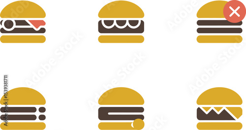 Collection of simple burger icons in various styles perfect for menu design or food themed graphics