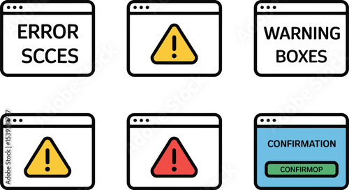 Various computer interface popup windows displaying error warning and confirmation messages in a modern design