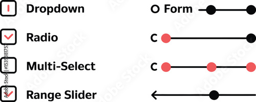 Vector illustration showing different common user interface elements like dropdown radio buttons and sliders for web design