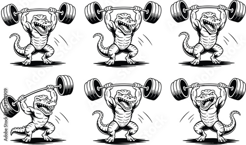 Cartoon alligator bodybuilder lifting weights showing power strength fitness exercise and sport theme