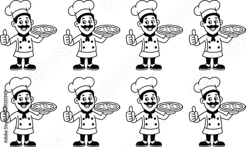 Cartoon chef serving pizza offering a thumbs up gesture and showcasing culinary excellence for food concepts.
