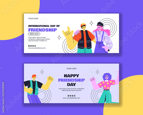 Flat Cartoon Background Illustration for Happy Friendship Day Horizontal Banner Template