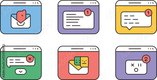 Colorful icons depicting email notifications messages and social media alerts in a modern flat illustration style
